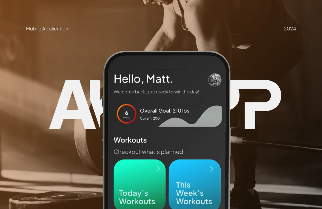 AKT app cover: the home screen, 'Hello, Matt', with today's workouts, on a phone over a gym photo.