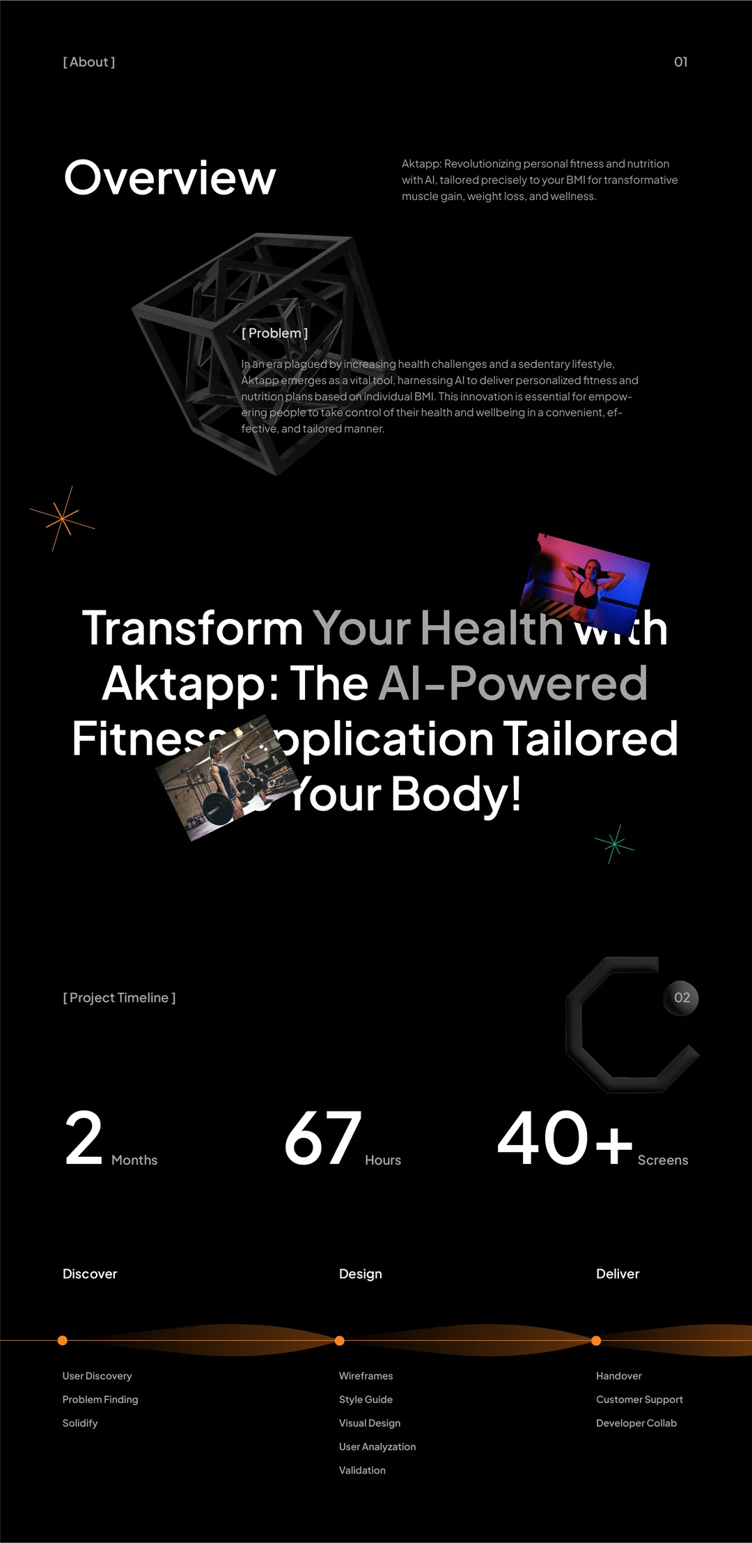 Overview and problem: AKT uses AI to tailor workouts and nutrition to your BMI, then the project timeline: 2 months, 67 hours, 40+ screens, from Discover to Design to Deliver.