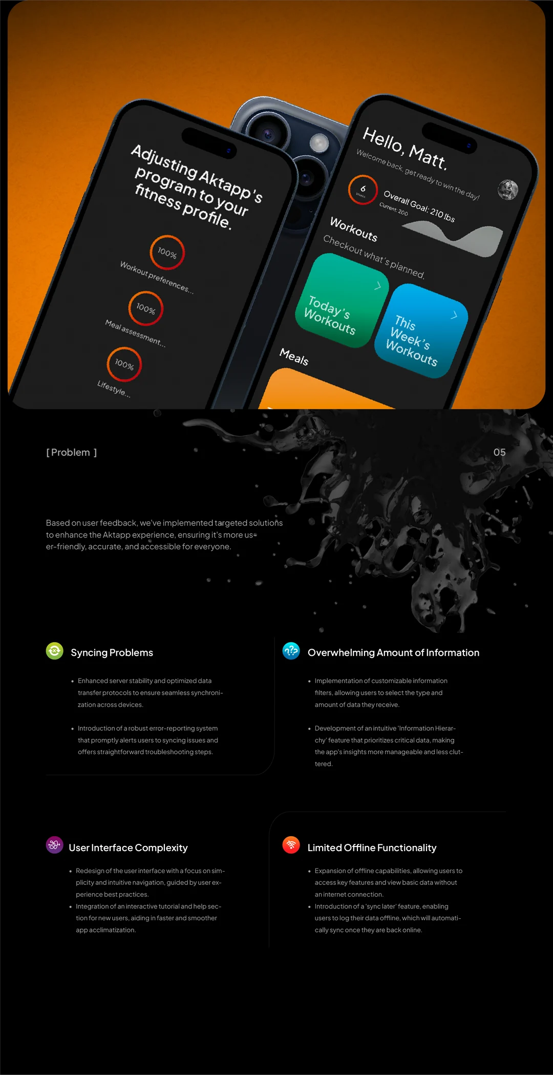 Two phones with the profile setup and home screens on orange, followed by how the app answers each of those problems.