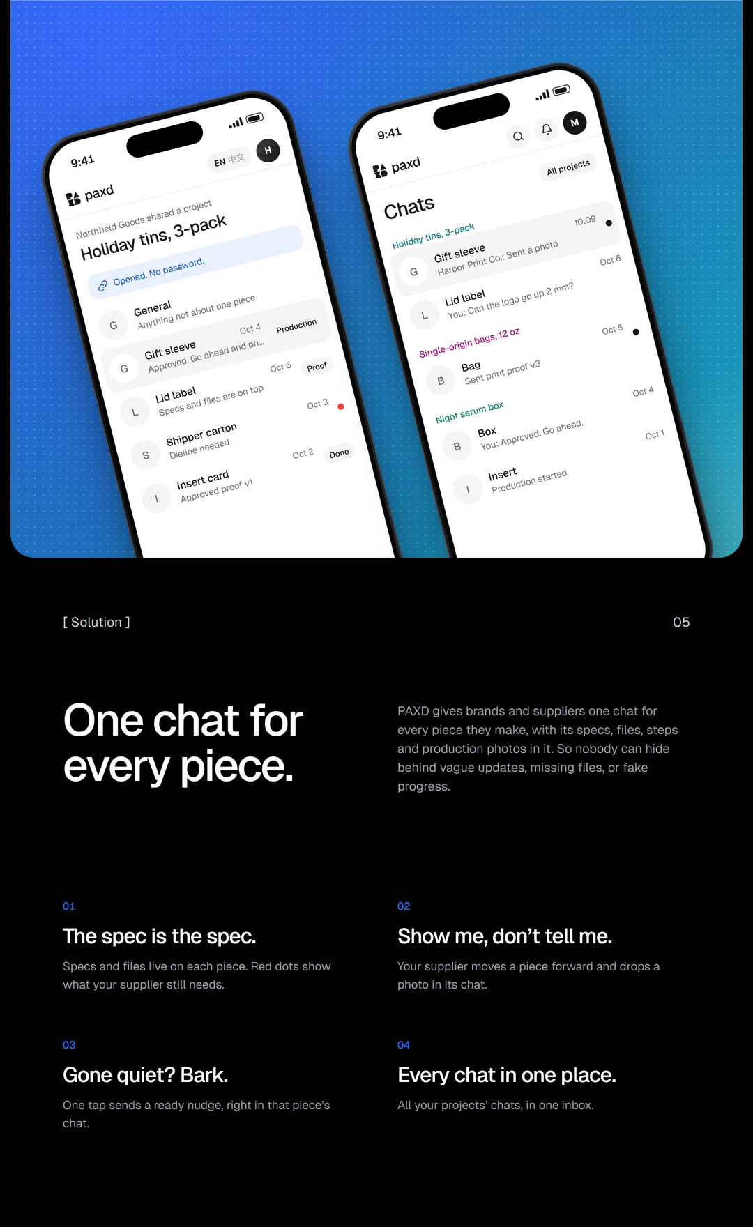 Solution: the supplier's link view and the brand's Chats inbox on two phones, then four features: the spec is the spec, show me don't tell me, gone quiet? Bark, every chat in one place.