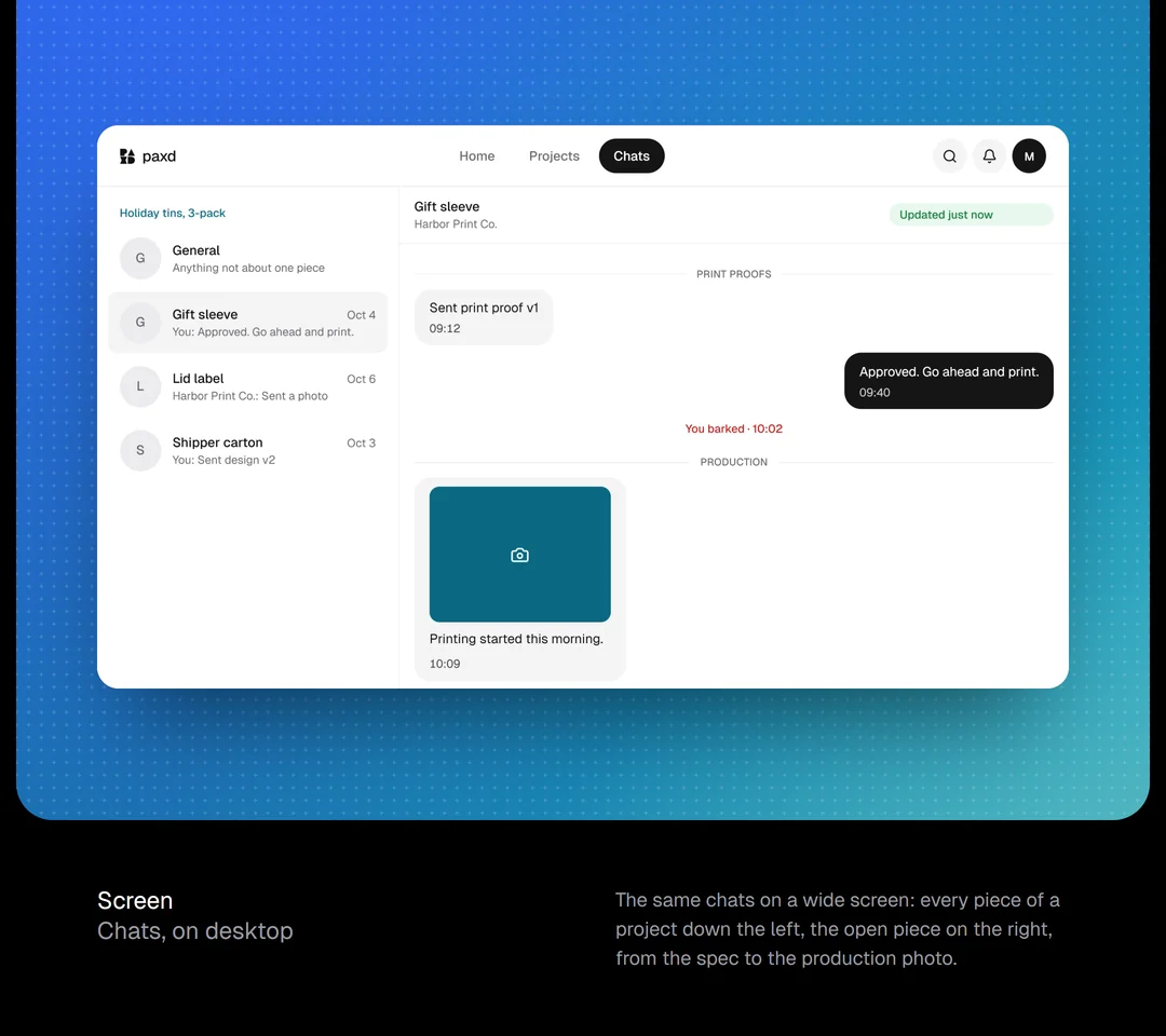 Screen: PAXD's Chats on desktop, every piece of a project down the left and the open piece on the right.