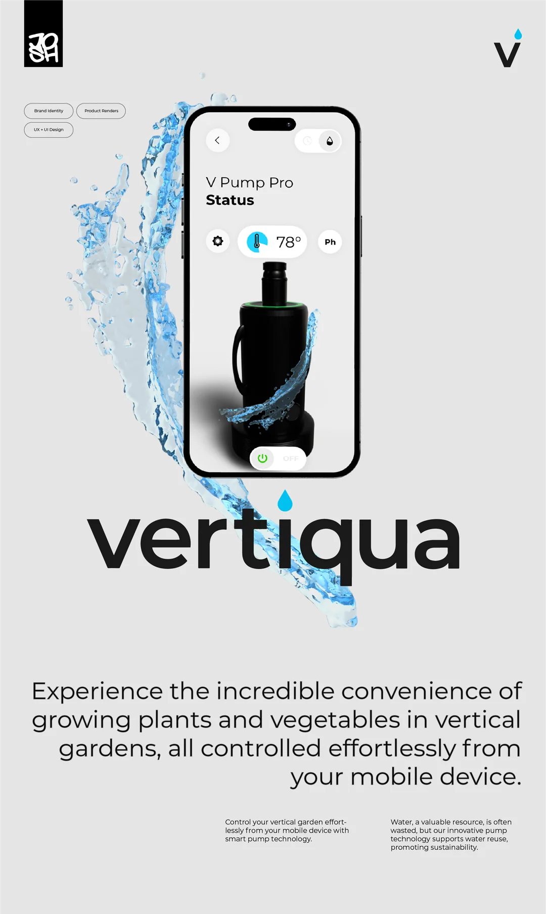 Vertiqua cover: the V Pump Pro status screen on a phone with water splashing around the pump, and a line about growing vegetables in a vertical garden from your phone.