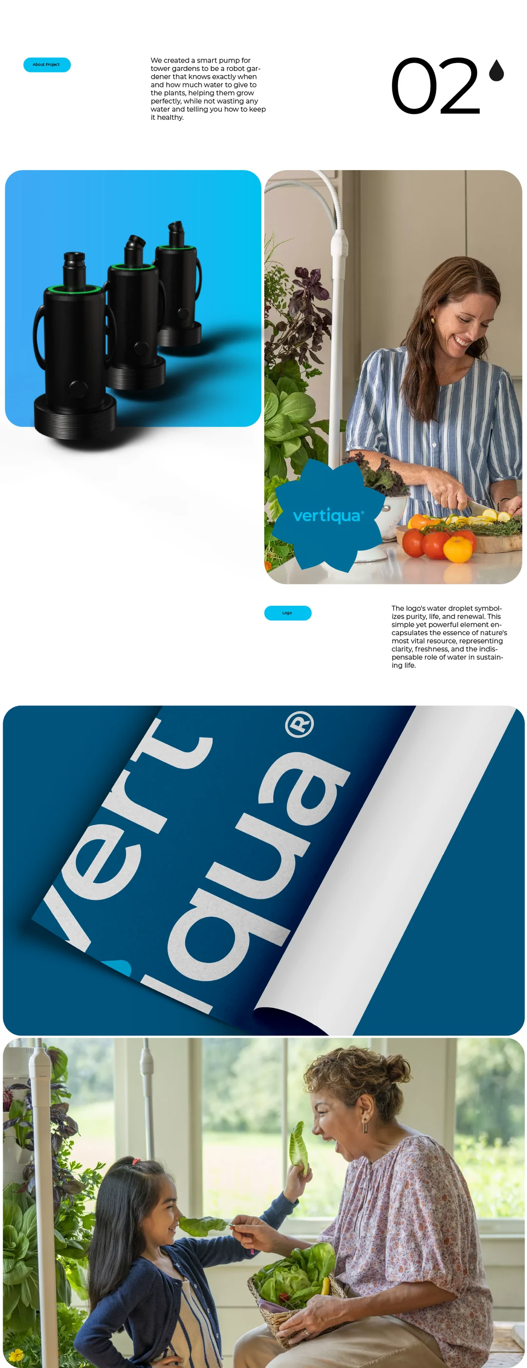 02: the pump renders, a woman cooking with fresh vegetables, the wordmark on a blue page, and a family picking greens.