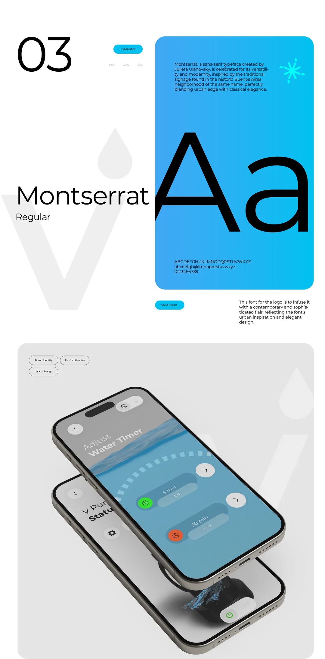 03 Typography and screens: Montserrat, and the water timer screen on two phones.